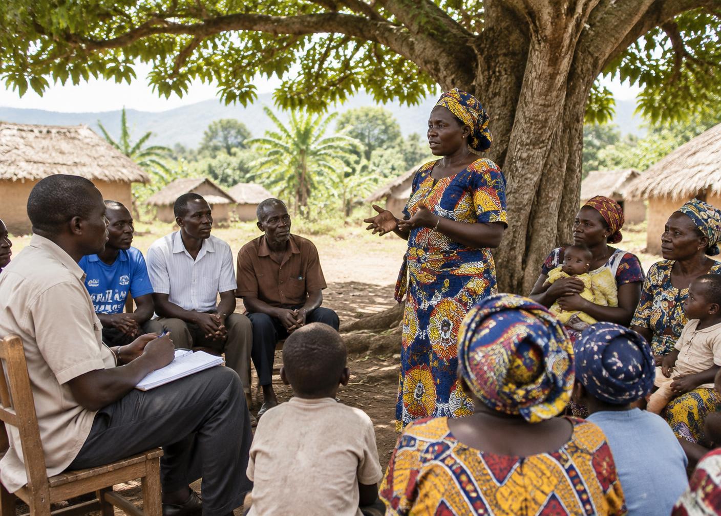 Community meeting under a large tree in a Congolese village