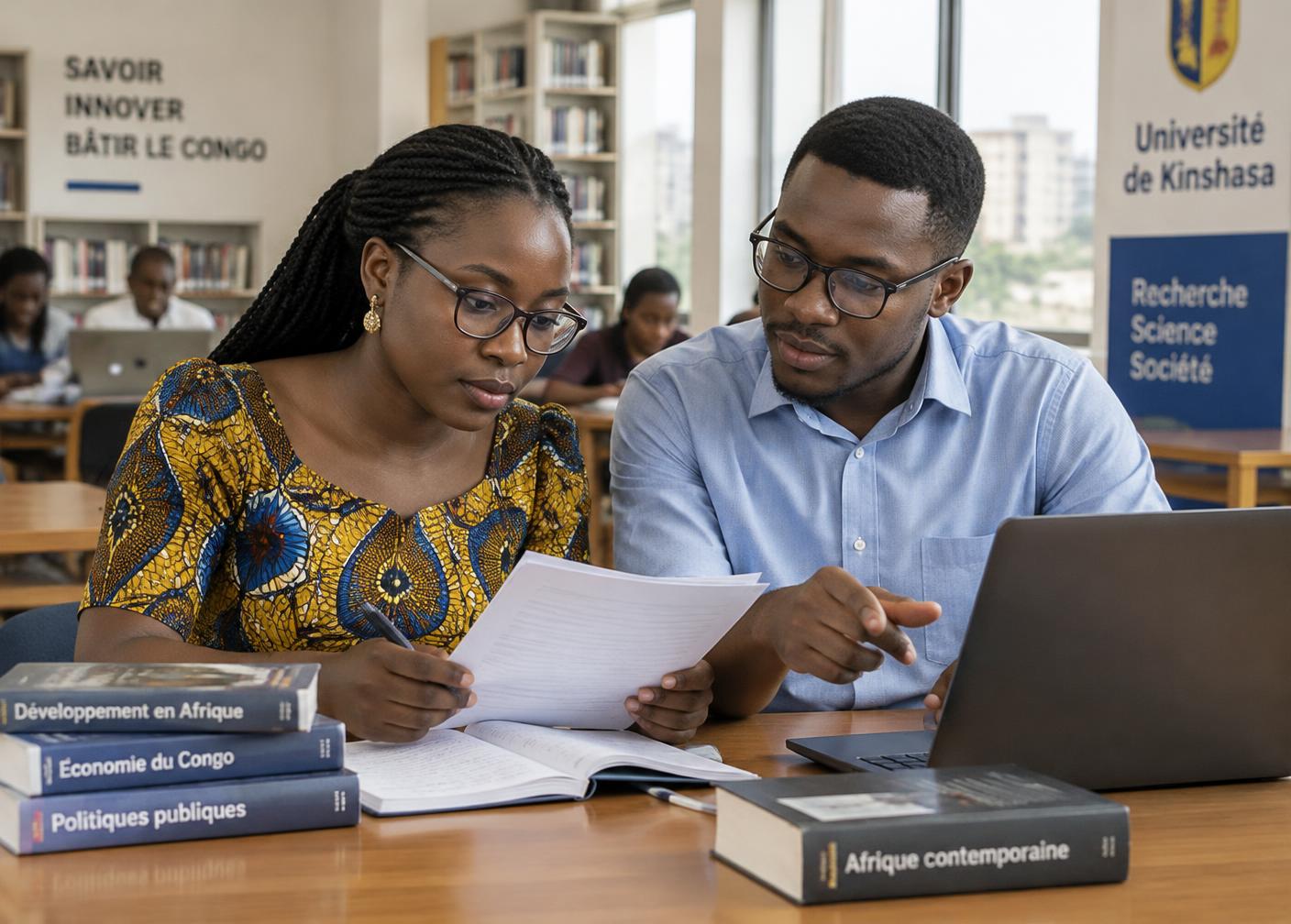 Two Congolese researchers reviewing documents in a library
